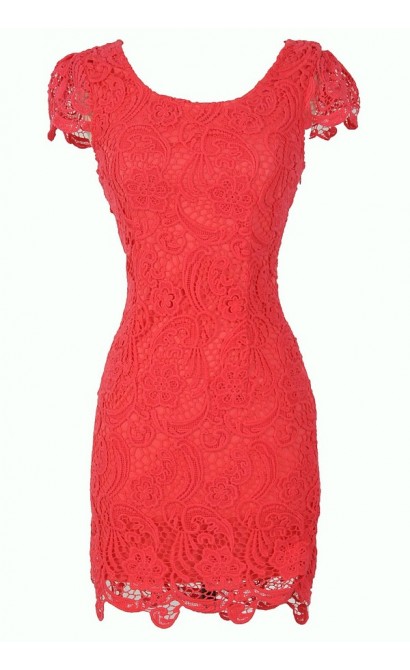 Nila Crochet Lace Capsleeve Pencil Dress in Coral